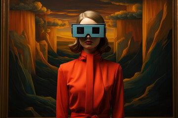 Obraz premium Retro style, virtual reality glasses. Generation Ai