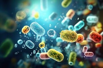 Microcosmic Symphony Group of Floating Microscopic Bacteria and Microbes for Medical Health Tests, Lab Results, Scientific Research, Biology, and Microbiology Concepts. created with Generative AI
