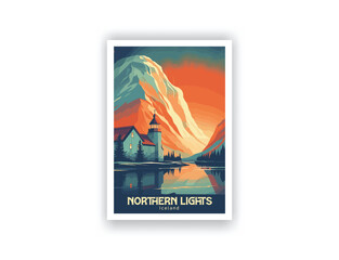 Northern Lights, Iceland - Vintage Travel Decor Posters, World Travel Wall Art Prints with Landscape, Retro, Vector Illustrations, Digital Design, Decor living room.