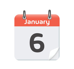 January 6. Calendar icon on transparent background. Vector illustration. Flat style.