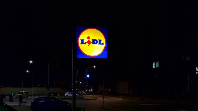 LIDL Logo On Hypermarket From German Chain, Part Of Schwartz Gruppe Which Also Owns Kaufland. Lidl Is A German International Discount Retailer Chain That Operates Over 12,000 Stores.