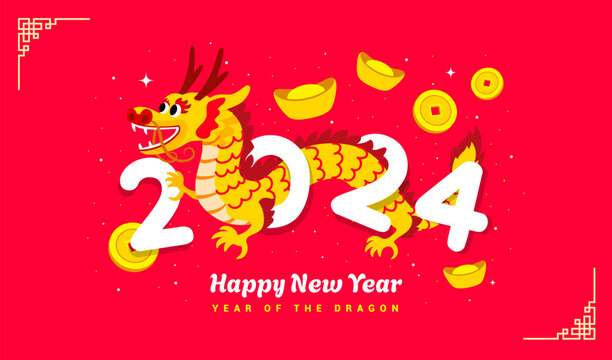 Happy New Year 2024 cartoon poster vector illustration. Year of the Dragon