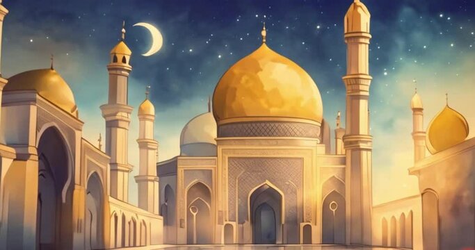 Ramadan theme watercolor background video, mosque illustration