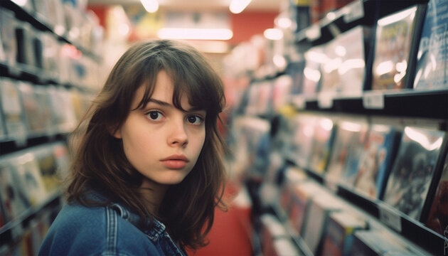 Vintage teenager in a video store. DVD rental case for sale. Video store renting movies in the 80s,90s retro photo