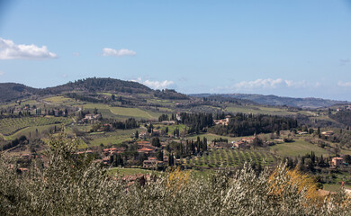 landscape with mountains and trees, Tuscany, Italy - 695999627