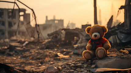A children's toy against the backdrop of a destroyed house in the aftermath of an earthquake, flood, or tsunami. A teddy bear in the yard of a ruined home.The aftermath of a natural disaster.