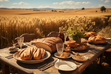 Tell a visual story by photographing a scene that transitions from a wheat field to a table set with freshly baked bread, emphasizing the journey from cultivation to consumption.