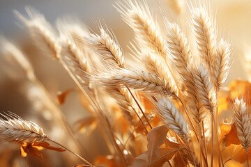 Create an elegant composition by focusing on the intricate details of wheat ears against a soft-focus background, showcasing the natural beauty of the crop in a sophisticated manne