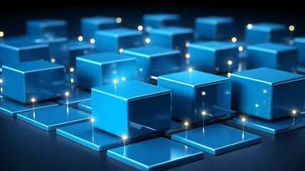 Obraz premium Abstract futuristic design with isometric elements. A blue-themed digital environment symbolizing technology, connectivity, and artificial intelligence