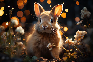 Create an enchanting scene by capturing a photo of a rabbit held against a backdrop of fairytale-like elements, such as flowers or twinkling lights, to evoke a sense of magic.