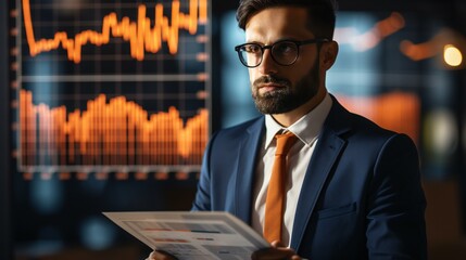 Businessman analyzing stock market data on a computer. A concept of financial technology, online trading, and digital finance