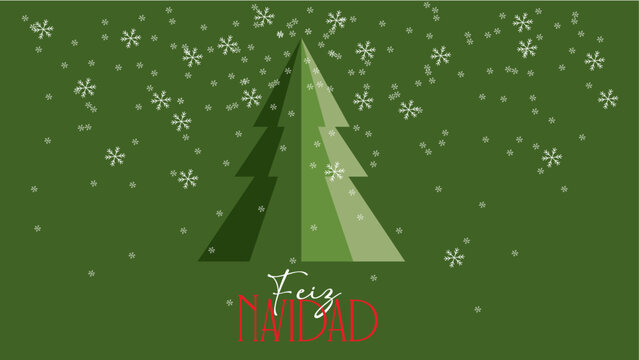 Arbol de navidad con titulo de feliz navidad con cristales y copos de nieve callendo