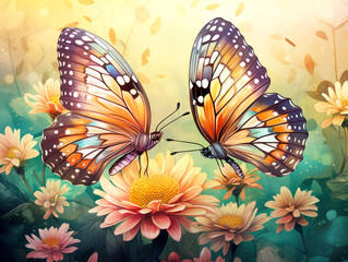 Illustration of Two butterflies, each with delicate patterns, sharing a gentle kiss on the petal of a blooming flower. St Valentine's Day concept