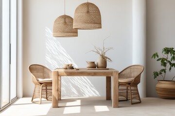 Modern dining room with bohemian interior, two wicker chairs