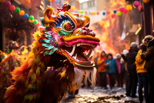 Crowds of people, colorful decorations, and the dragon snaking through the joyful and celebratory atmosphere, with bright colors and dynamic movement. Chinese new year