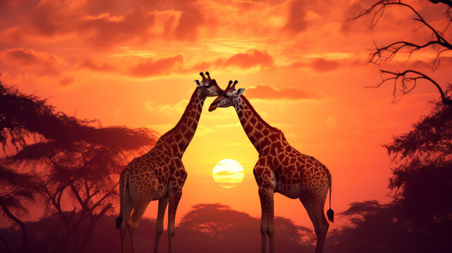 Illustration of Two giraffes standing against a warm and vibrant sunset. Silhouetted savannah landscape, acacia trees in the distance, clouds painted with sunset hues. St Valentine's Day