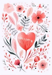 Fotobehang Watercolor hand painted botanical valentine card with leaves, flowers, hearts, patterns. St Valentines concept © Yana