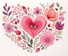 Watercolor hand painted botanical valentine card with leaves, flowers, hearts, patterns. St Valentines concept