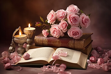 Old books, roses and candles. Love letter concept
