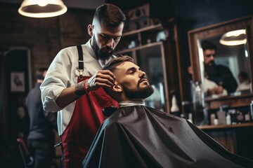 Fototapeta na wymiar A barber cutting a mans hair in a barber shop