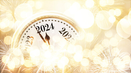 Vintage gold clock points to 2024 New Year on a beige bokeh background with fireworks, concept. New...