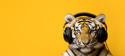 Fluffy tiger listening to music with headphones on an orange background - obrazy, fototapety, plakaty