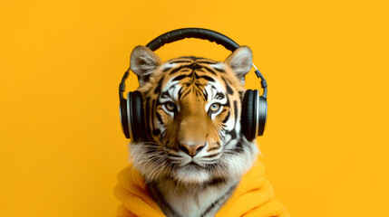Fluffy tiger listening to music with headphones on an orange background