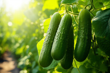 Cucumbers growing in a garden. Copy space.