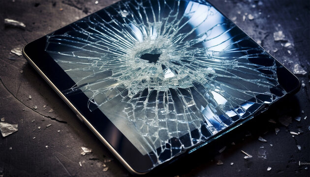 Tablet with broken screen front view, smashed, shattered electronics device with black touchscreen covered with scratches and cracks, Realistic 3d illustration, Top view. Tablet PC