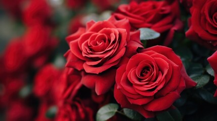 Close-up of elegant, romantic red roses in full bloom, showcasing their delicate beauty in their natural habitat