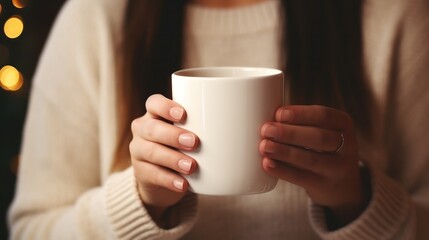 Closeup of female hands holding a ceramic mug of beverage