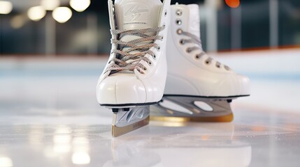 Close-up of figure skates on ice background with distinctive marks from skating or hockey, providing ample copy space - obrazy, fototapety, plakaty