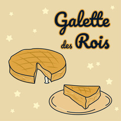 Galette des rois, gâteau traditionnel d'épiphanie française. Illustration vectorielle ensemble de couleurs et de traits de brosse. Part de tarte.