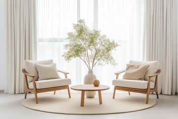 Two lounge chairs and round wood coffee table against