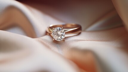 Close-up stunning engagement ring delicately placed on a soft white silk background, showcasing intricate details in high resolution.