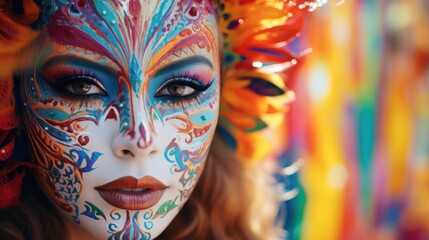 Colorful carnival mask on a woman painted with vibrant colors,