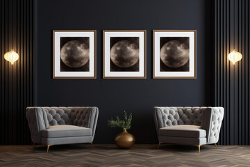 Explore a modern interior setting with an empty three vertical picture frame, showcasing elegance against a dark classic wall, sofa, and stylish furniture backdrop