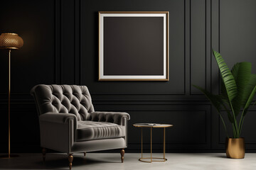 Explore a modern interior setting with an empty vertical picture frame, showcasing elegance against a dark classic wall, sofa, and stylish furniture backdrop