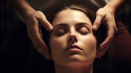 Woman Engaging in Emotional Freedom Technique Therapy. Focused woman uses Emotional Freedom Techniques EFT , tapping on acupressure points.