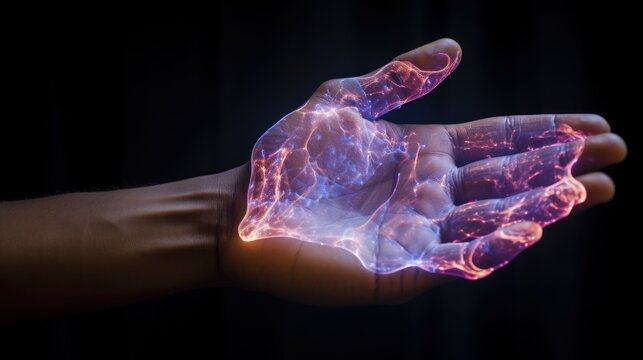 Hand Radiating Dynamic Energy Patterns. An outstretched hand is enveloped in vibrant energy patterns, suggesting a powerful flow of healing or psychic energy in a dark background.