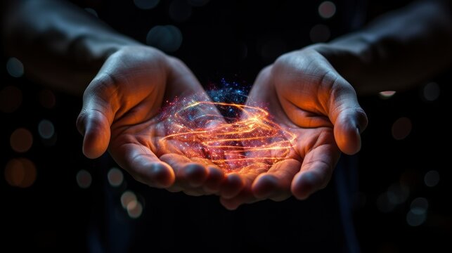 Hand Radiating Dynamic Energy Patterns. An outstretched hand is enveloped in vibrant energy patterns, suggesting a powerful flow of healing or psychic energy in a dark background.