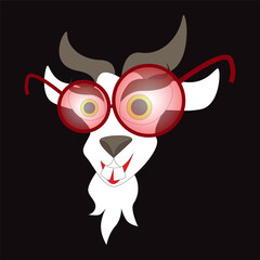 Funny crazy goat with sunglasses isolated icon on black background. Vector illustration.