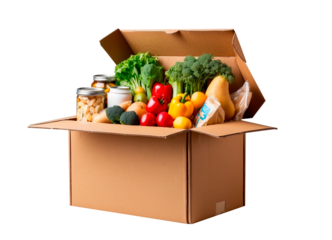 Cardboard box with food on without background 