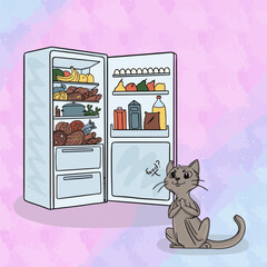 Cute bloated cat near the fridge in cartoon flat style. Cartoon fat lazy cat lies on a pillow near the refrigerator in the kitchen and eats fish. vector illustration isolated on white background.