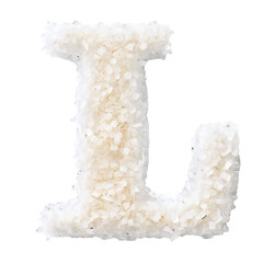 English letter L whose texture is like piles of White crystalline. letter L isolated on transparent
