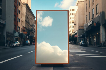 A standing mirror on an urban street captures a serene sky, contrasting the bustling city life with a moment of clarity and reflection