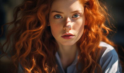 Fototapeta premium Intense Gaze of a Young Redhead Woman with Curly Hair in Soft Light, Evoking a Reflective Mood