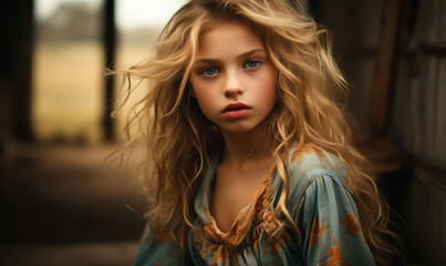Portrait of a Young Girl with Wavy Blonde Hair and a Melancholic Expression in Vintage Clothing