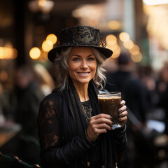 Mujer mediana edad, sombrero negro clásico decorado, satén y raso, cabello canosa sonriente en...