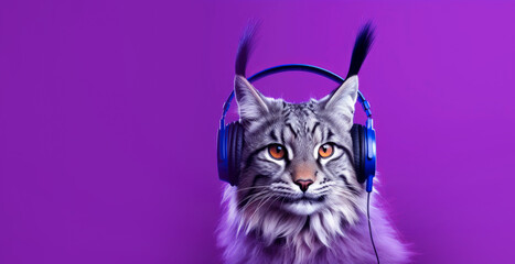 Fluffy lynx listening to music with headphones on purple background